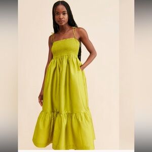 Anthropologie Smocked Lime Green Midi Dress with Ruffle Hem